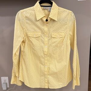 Vintage L.L. Bean Women's Yellow Button Down Shirt with Navy Polka Dots Sz S